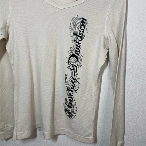 VINTAGE Harley Davidson V-Neck Thermal Rhinestone Long Sleeve in Ivory Size M - Picture 7 of 11